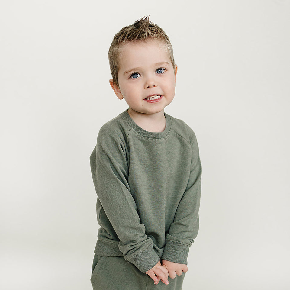 Kids Merino Wool Crew Neck Sweatshirt, Olive